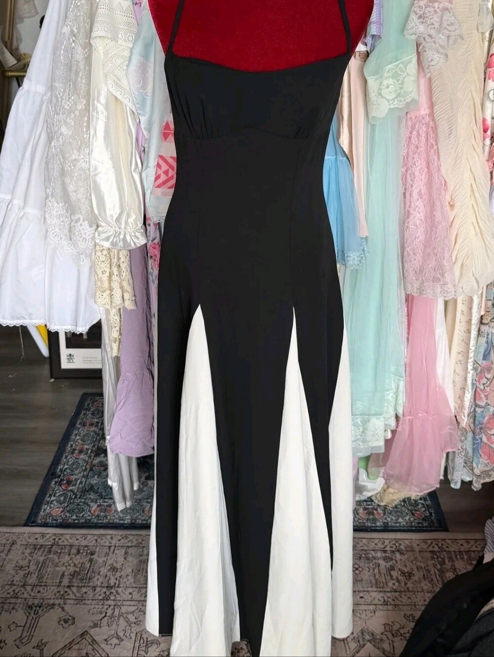 Black and White Midi Slip Dress with Contrast Panels
